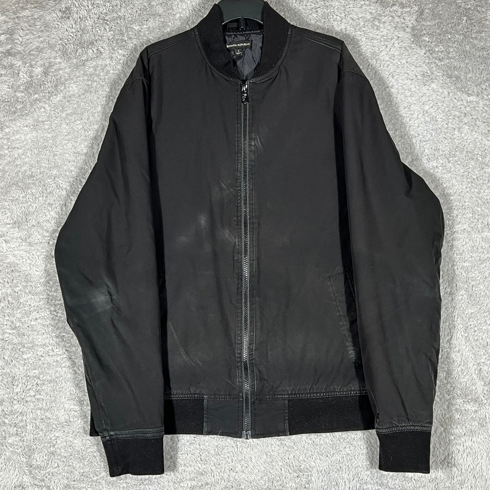 Banana Republic Mens Black Full Zip Bomber Jacket Large Ribbed Trim 100% Poly